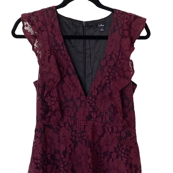 Lulu's Molinetto Lace Ruffled Tiered Sleeveless Maxi Dress in Burgundy, Size S - Picture 6 of 14